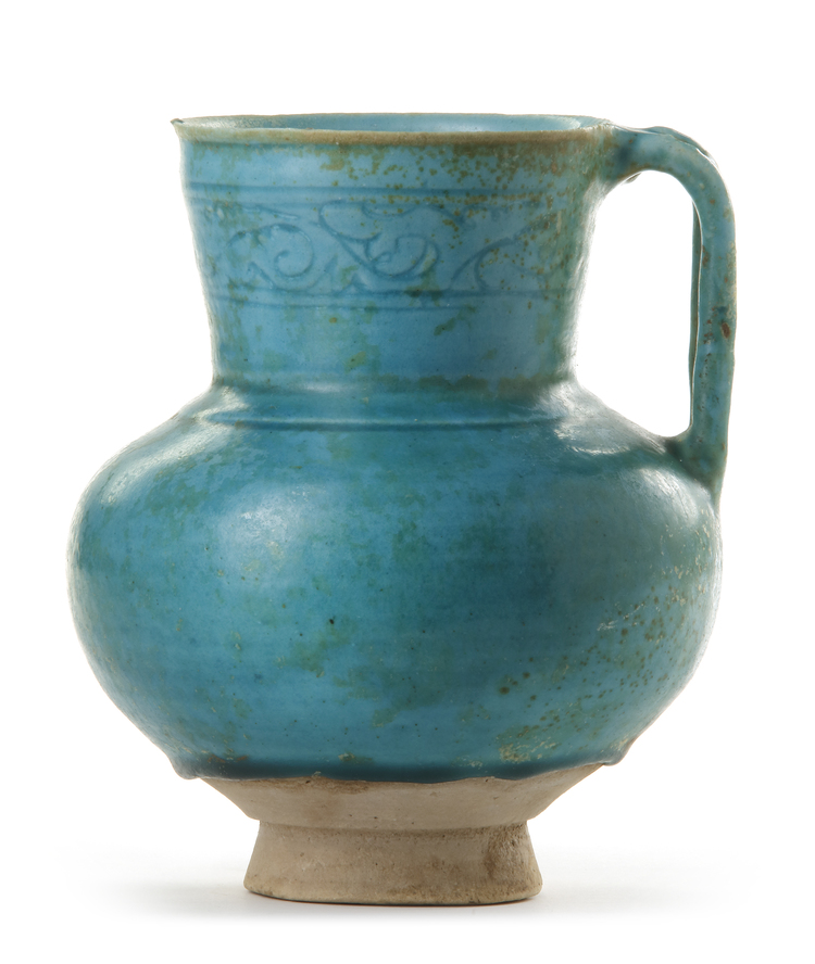 A KASHAN TURQUOISE BLUE GLAZED POTTERY JUG PERSIA KASHAN 12TH CENTURY