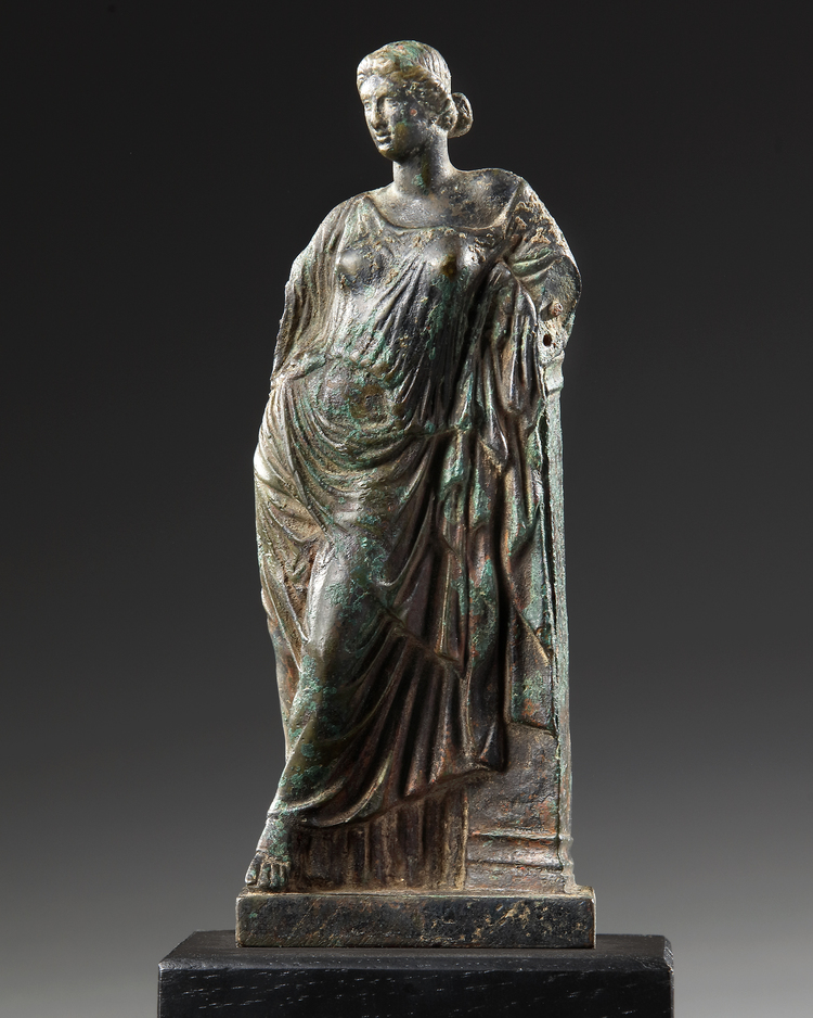 A Roman Bronze Statuette Of Aphrodite Venus Leaning On A Pillar