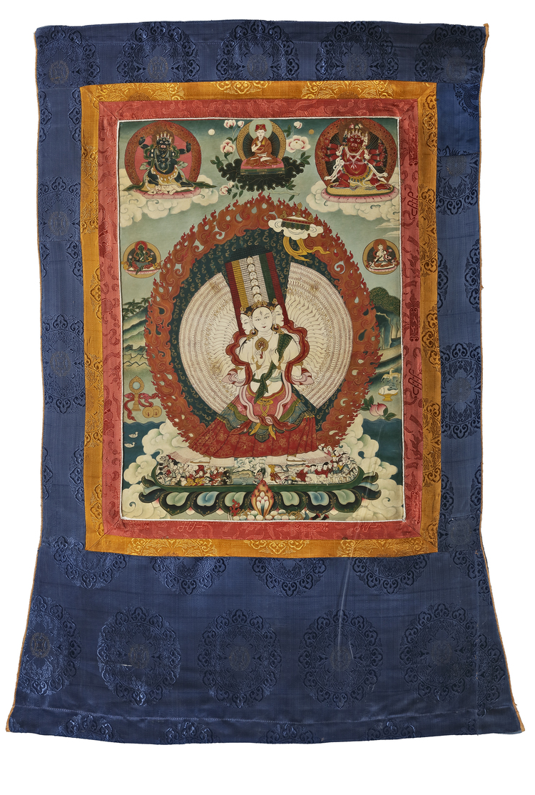 A THANGKA DEPICTING THE NINE HEADED AND THOUSAND ARMED AVALOKITESHVARA