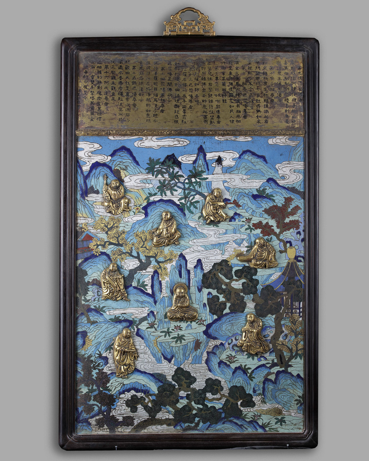 A Chinese gilt bronze cloisonné enamel 'Luohan' plaque