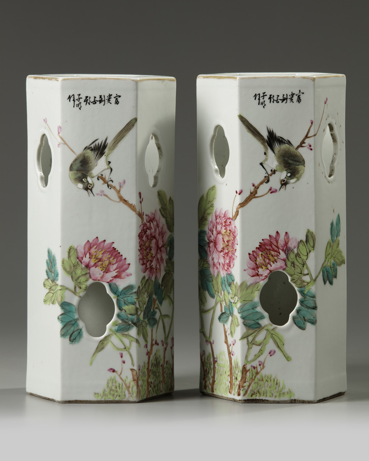 A pair of Chinese famille rose 'bird and flower' hexagonal hat stands