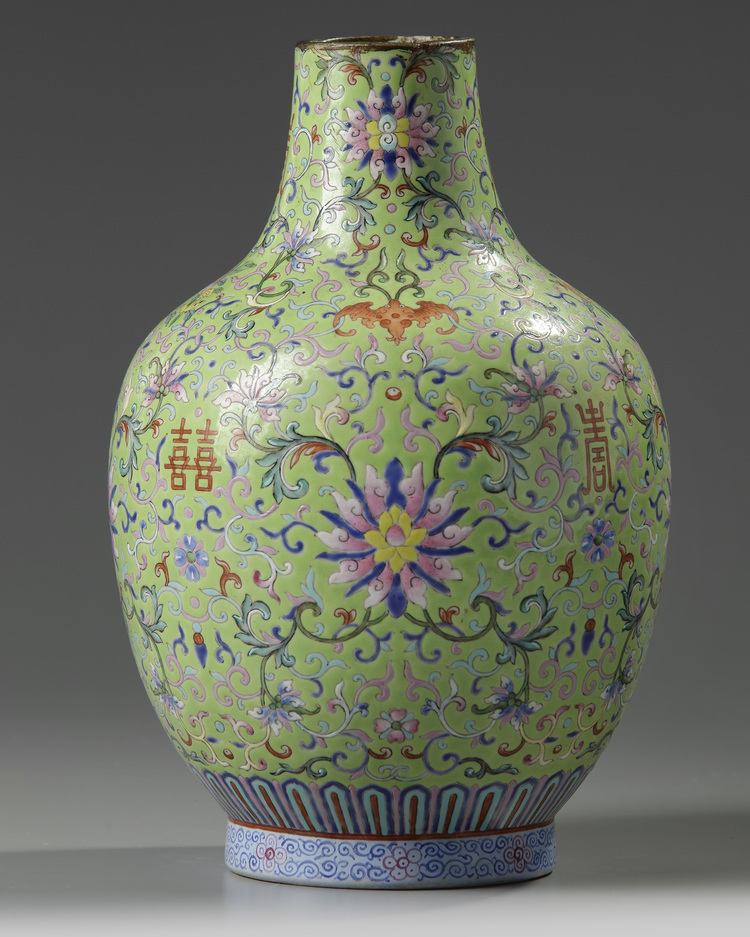 A rare Chinese lime-green ground famille rose vase