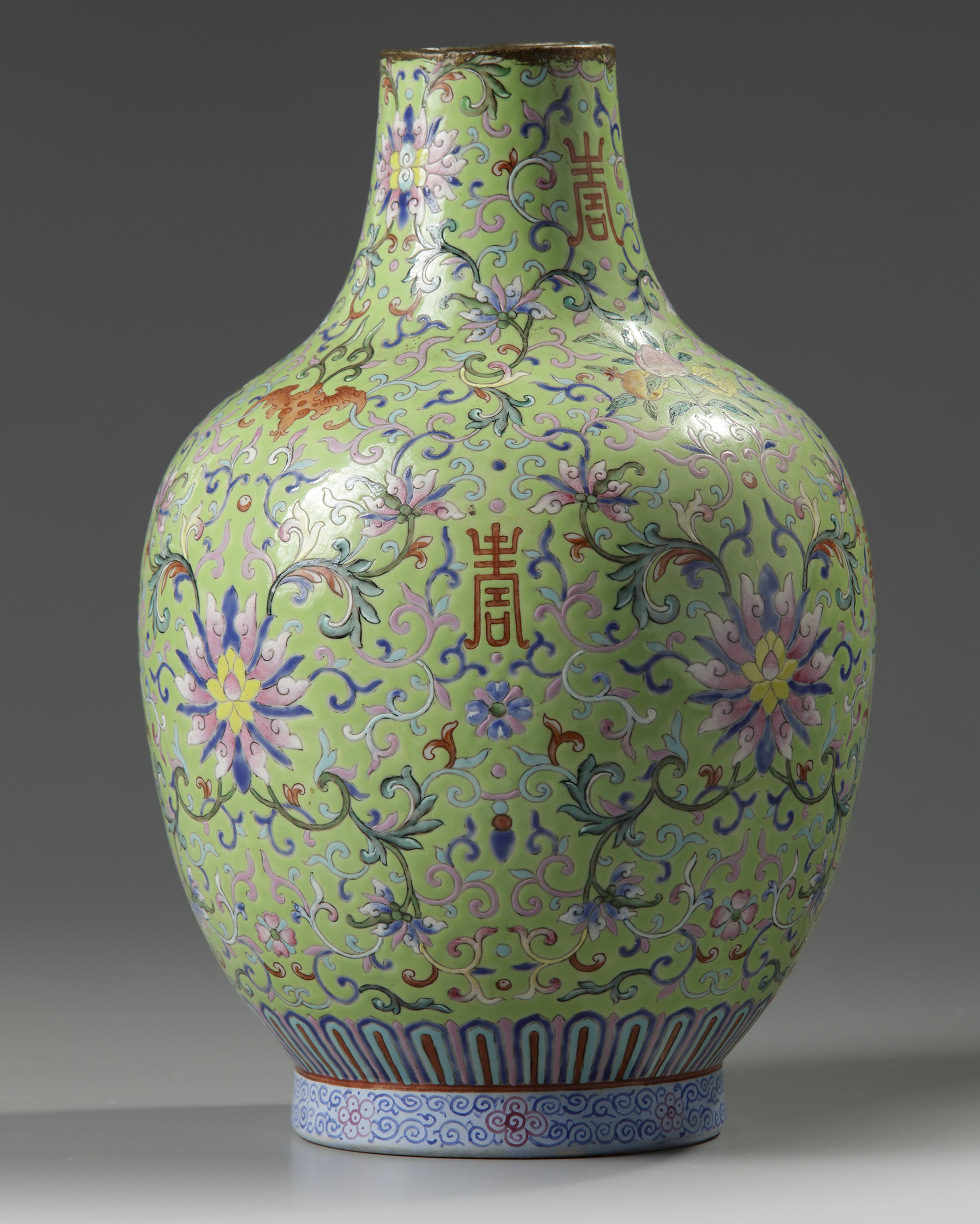 A rare Chinese lime-green ground famille rose vase