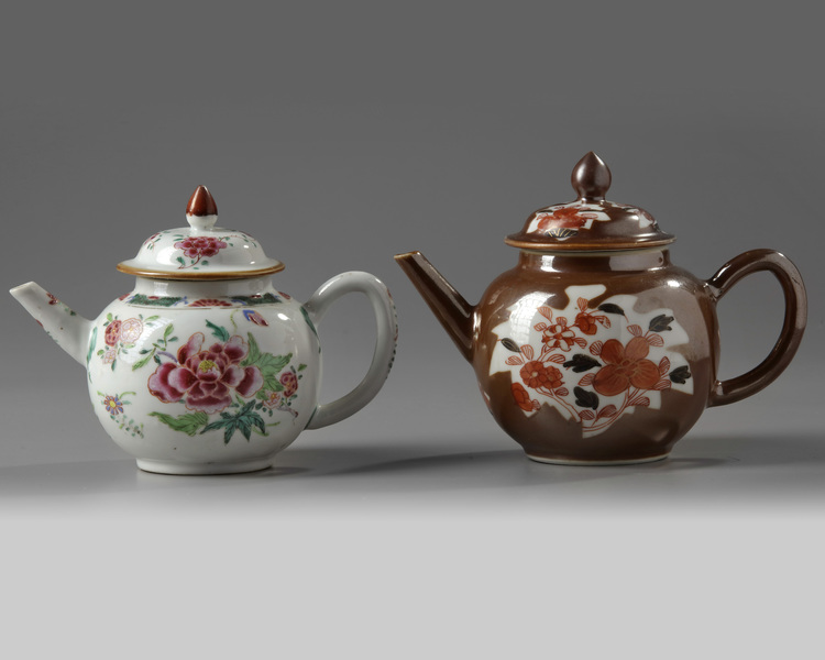 A Chinese 'Batavia ware' teapot and a famille rose teapot
