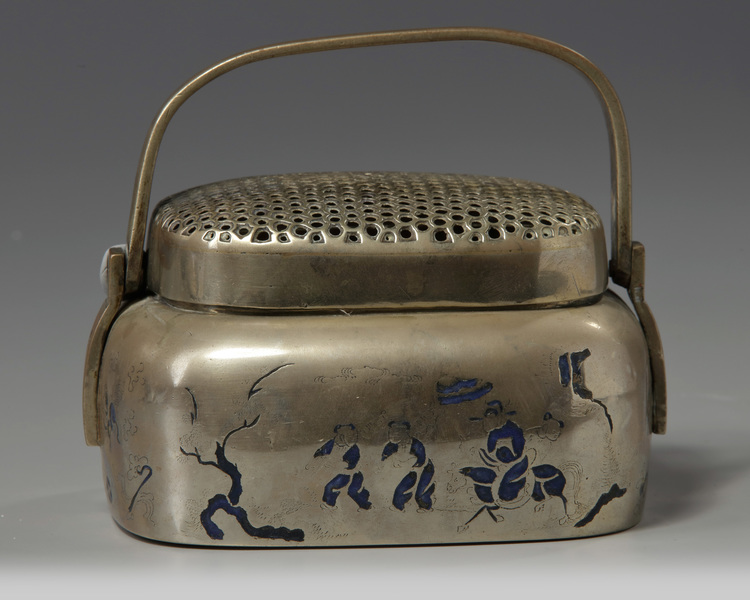 A Chinese brass 'narrative' hand warmer