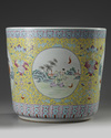 A Chinese yellow-ground famille rose 'boys' jardiniere