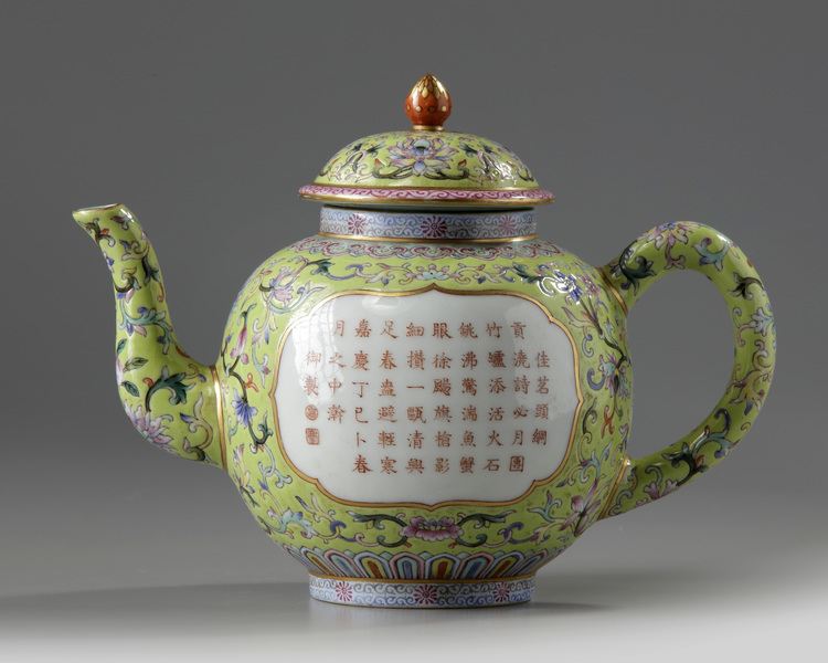 A Chinese lime-green ground famille rose teapot