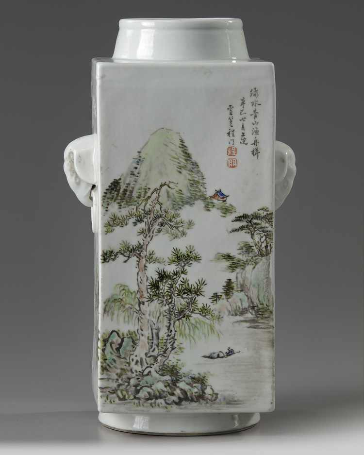 A Chinese Qianjiang-style enamelled square-section cong vase