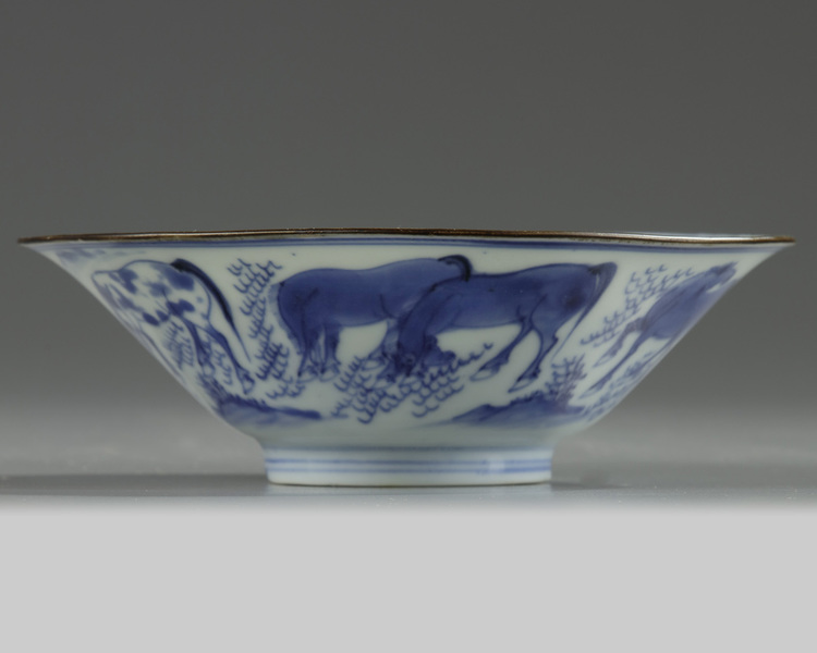 A Chinese blue and white 'Eight Horses of Mu Wang' conical bowl