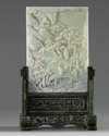 A CHINESE PALE CELADON JADE TABLE SCREEN ON A SPINACH JADE STAND