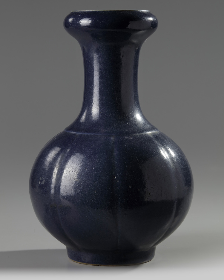 A Chinese blue-glazed lobed vase