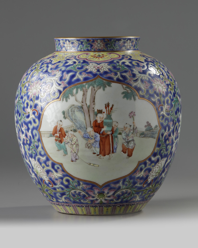 A Chinese blue-ground famille rose ‘boys’ jar