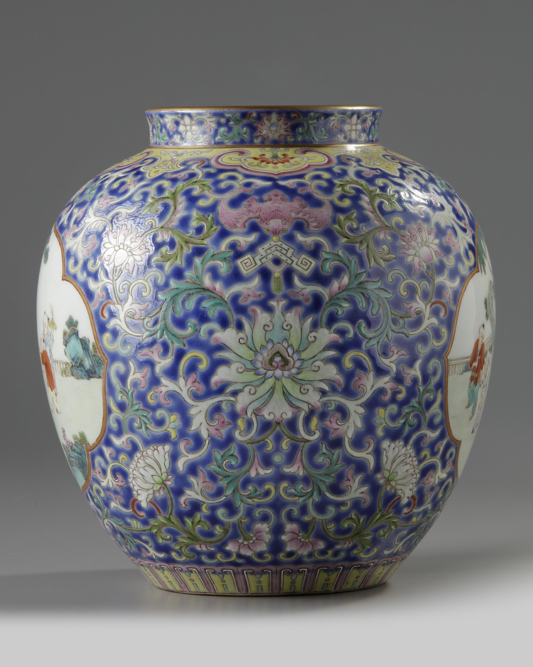 A Chinese blue-ground famille rose ‘boys’ jar