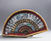 A Chinese Cantonese silk and paper fan with black lacquer guardsticks