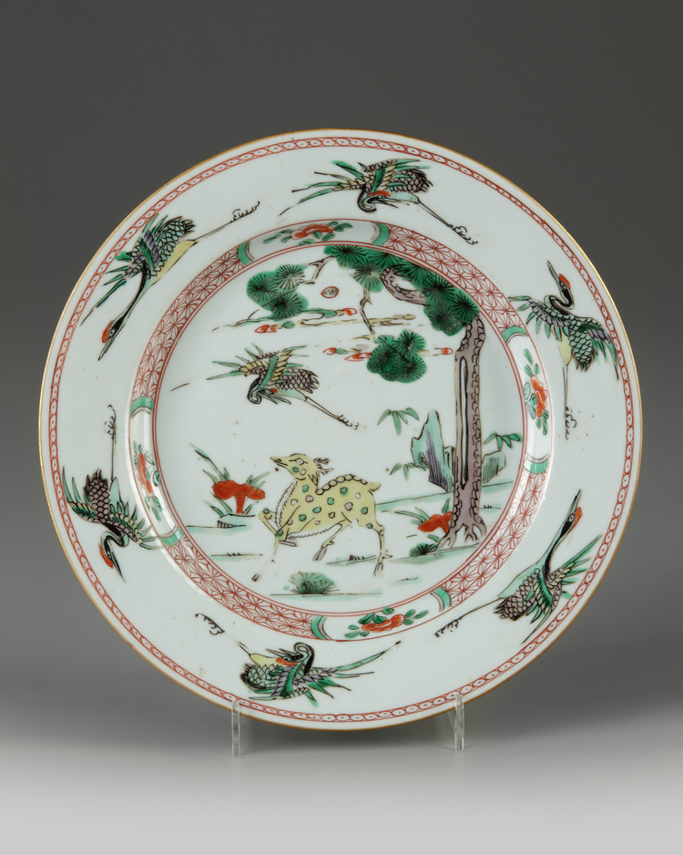 A Chinese famille verte 'deer and crane' dish