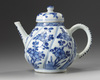 A Chinese blue and white moulded teapot and a hexagonal jar