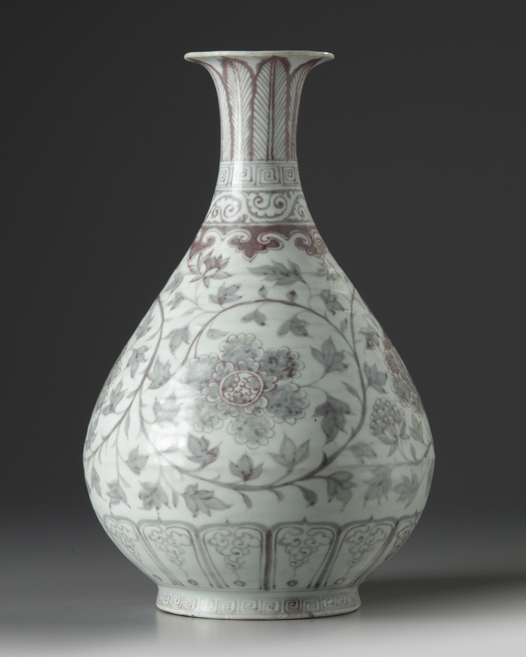 A Chinese Hongwu-style underglaze copper red 'peony' yuhuchunping