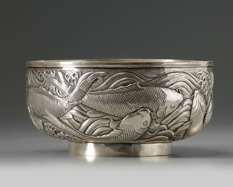 A silver 'carp' bowl, attributed to the Konoike workshop.