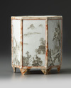 A Chinese hexagonal imitation-marble and en grisaille-decorated hexagonal brush pot, bitong