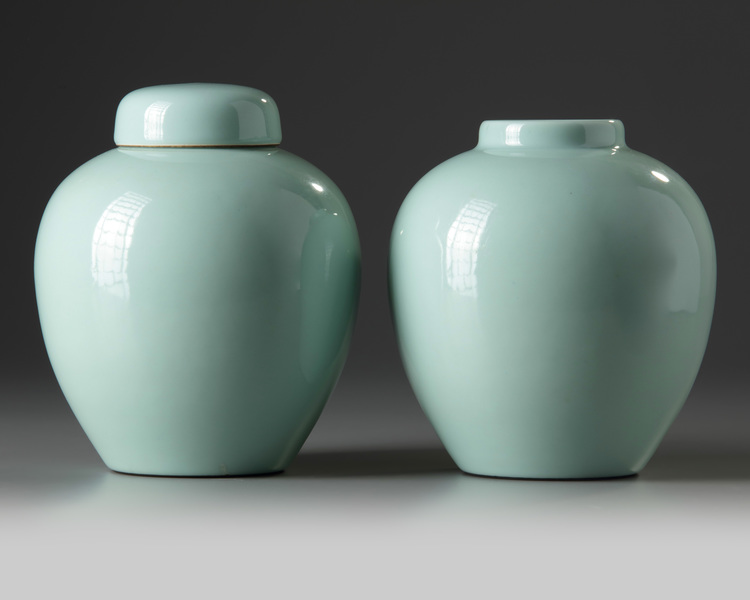 Two Chinese pale celadon-glazed jars