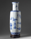 A large Chinese blue and white 'precious objects' rouleau vase
