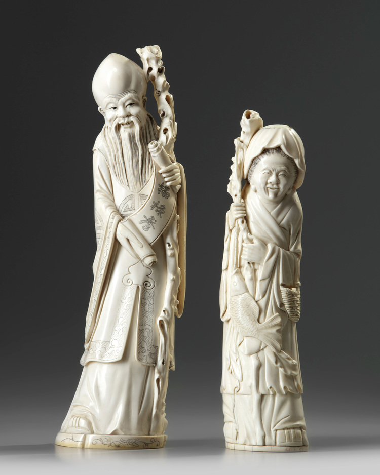 A large Chinese ivory carving of a fisherwoman and a Shoulao
