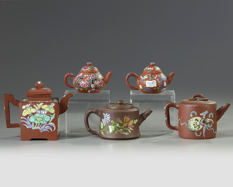 A group of five Chinese enamelled Yixing teapots