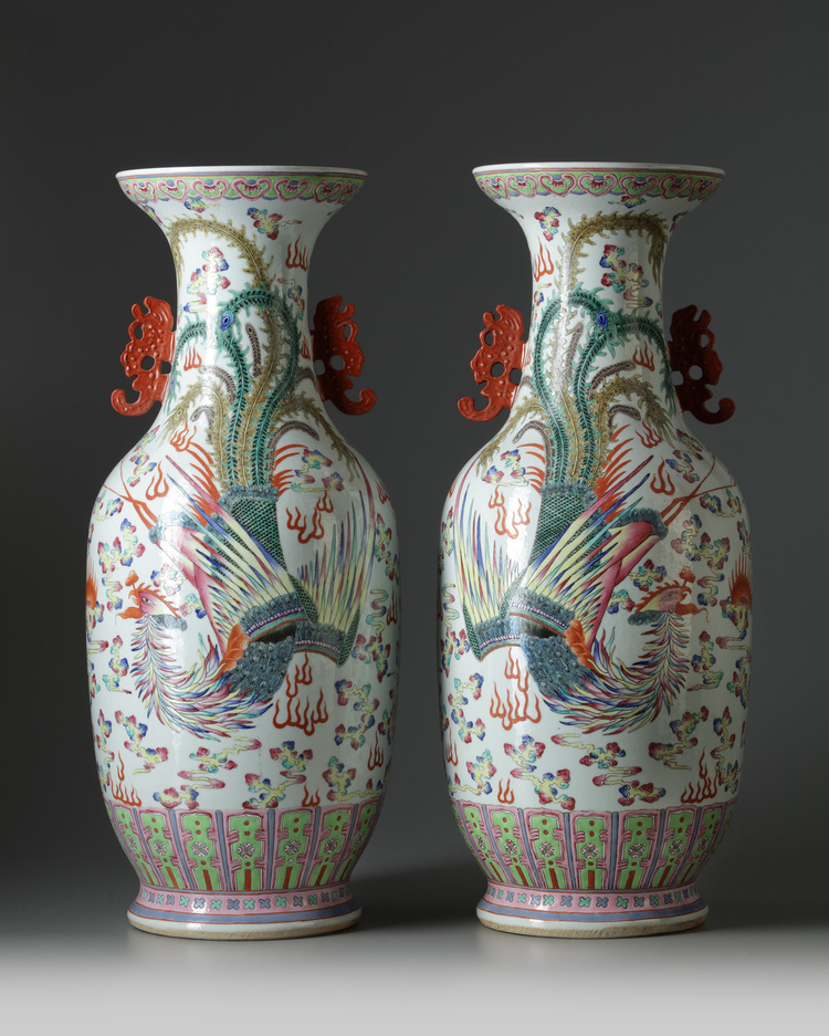 A pair of Chinese famille rose ‘dragon and phoenix’ vases