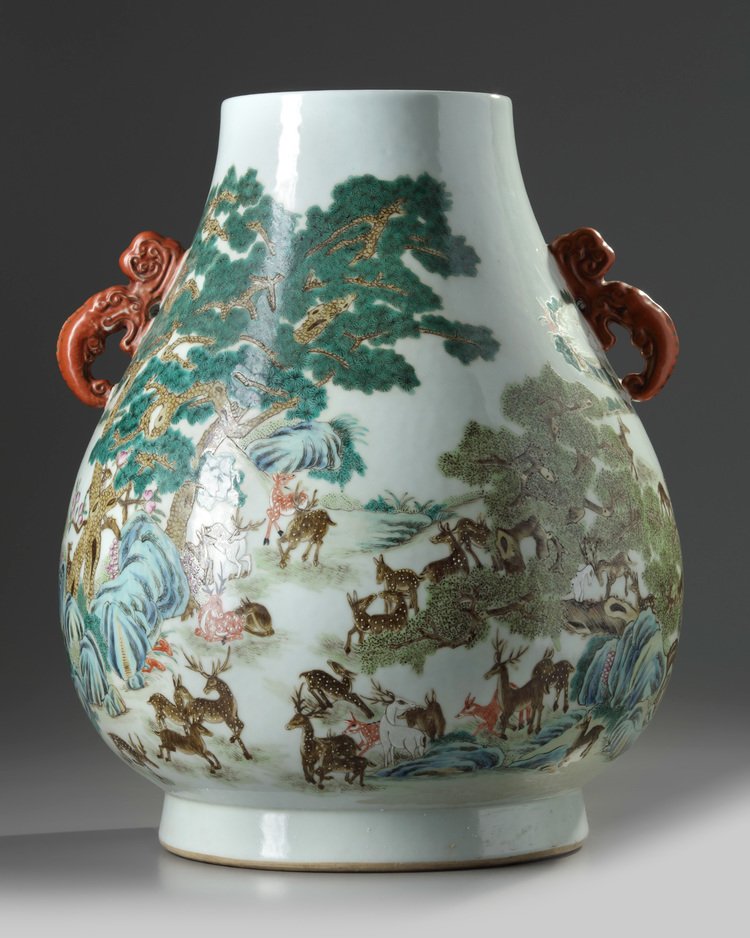 A large Chinese famille rose 'hundred deer' vase