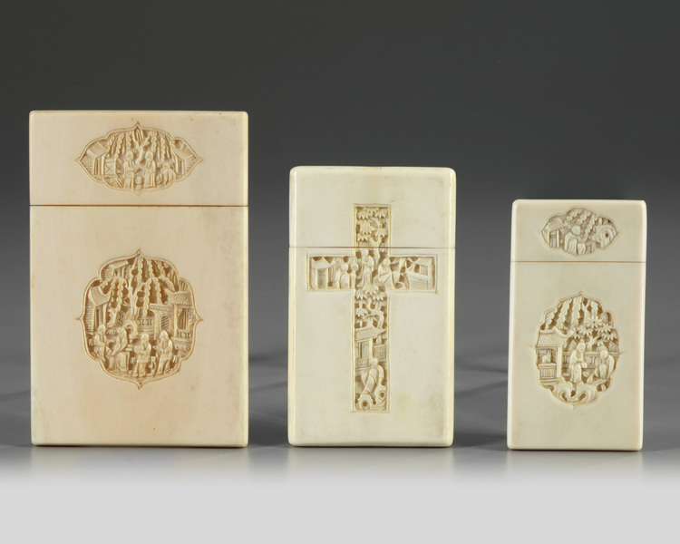 A group of three Cantonese carved ivory card cases