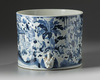 A large Chinese blue and white 'Hundred Boys' brush pot, bitong