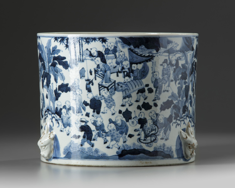 A large Chinese blue and white 'Hundred Boys' brush pot, bitong