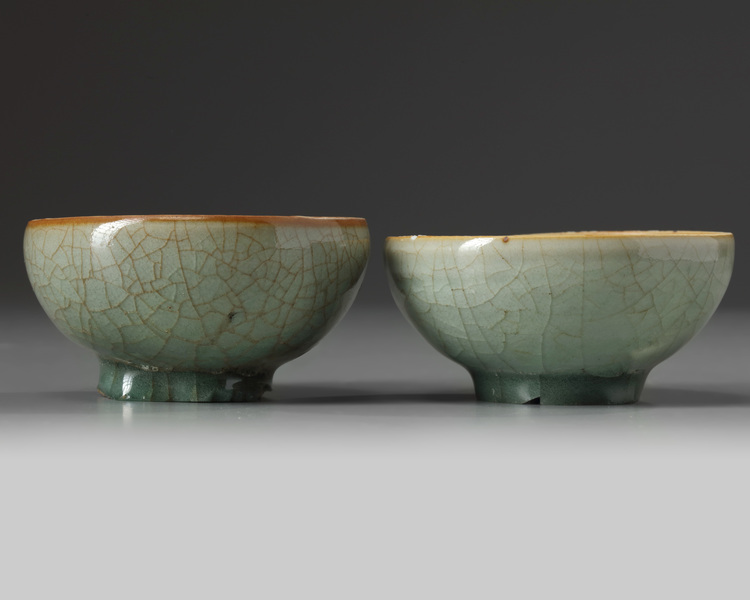 A pair of small Chinese Longquan celadon crackle-glazed bowls