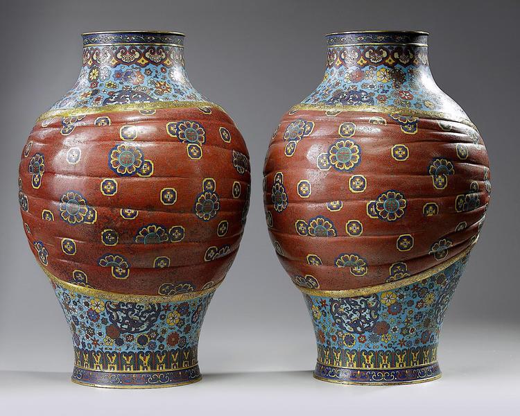 A pair of large Chinese cloisonné enamel 'ribbon' vases