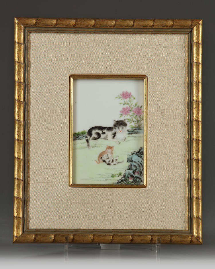 A Chinese famille rose 'cat' porcelain plaque