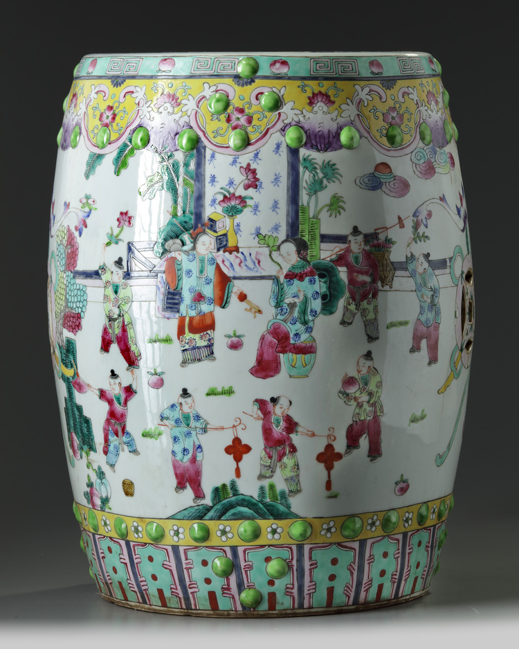 A large Chinese famille rose 'boys' garden seat