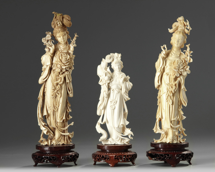 Three Chinese carved ivory figures of maidens