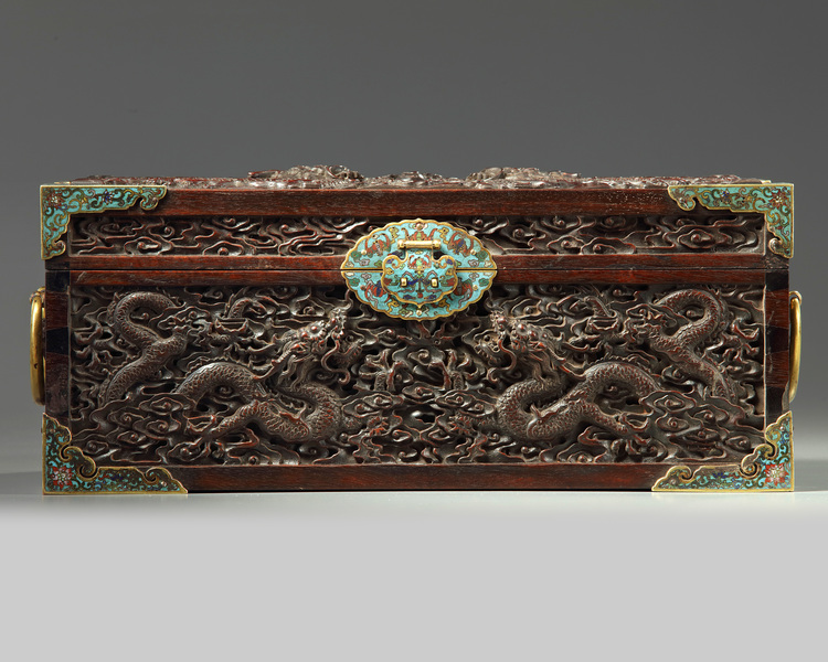 A Chinese zitan box with cloisonné enamel mounts
