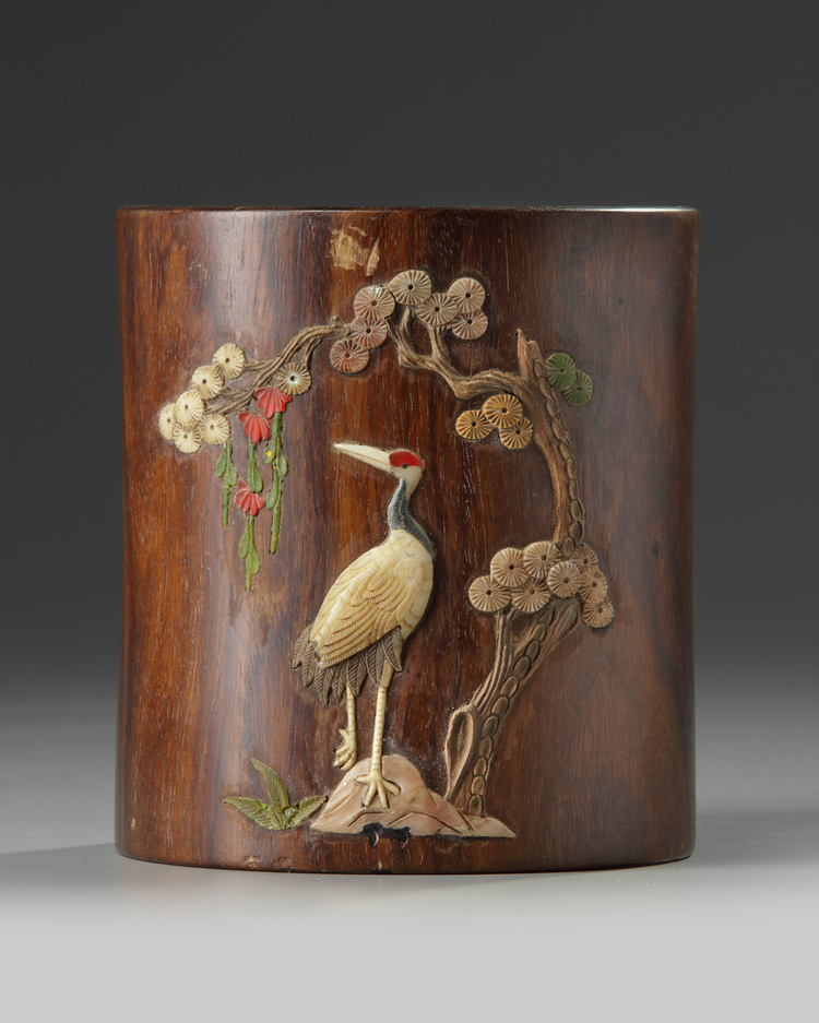 A Chinese precious object-inlaid hongmu 'crane' brush pot, bitong