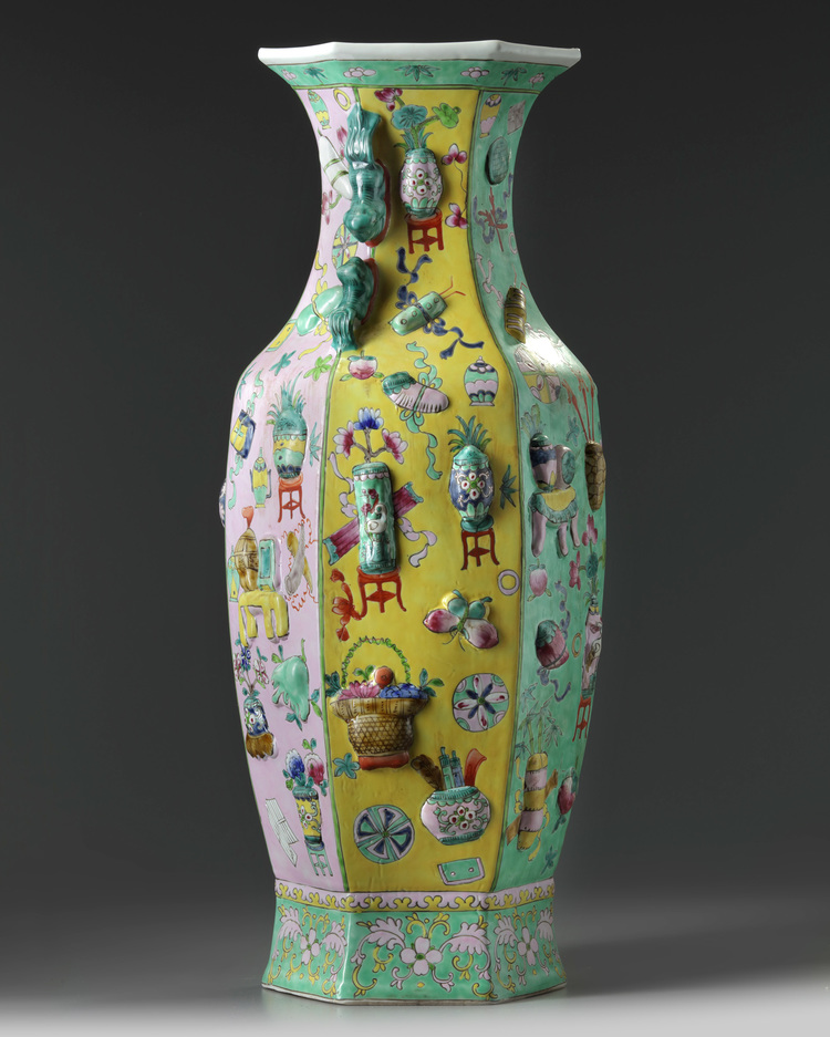 TWO LARGE CHINESE FAMILLE ROSE MOULDED 'PRECIOUS OBJECTS', HEXAGONAL VASES, CHINA, 20TH CENTURY