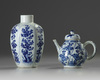 A Chinese blue and white moulded teapot and a hexagonal jar