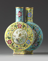 A Chinese famille rose 'quail and millet' conjoined moonflask