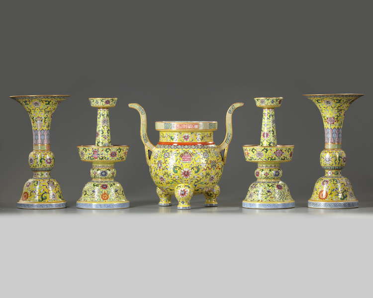 A Chinese yellow-ground famille rose altar set