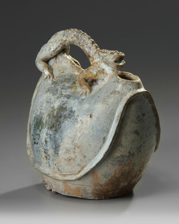 A Chinese green-glazed dragon-handled water flask