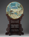 A Chinese cloisonne enamel plaque and a wood stand