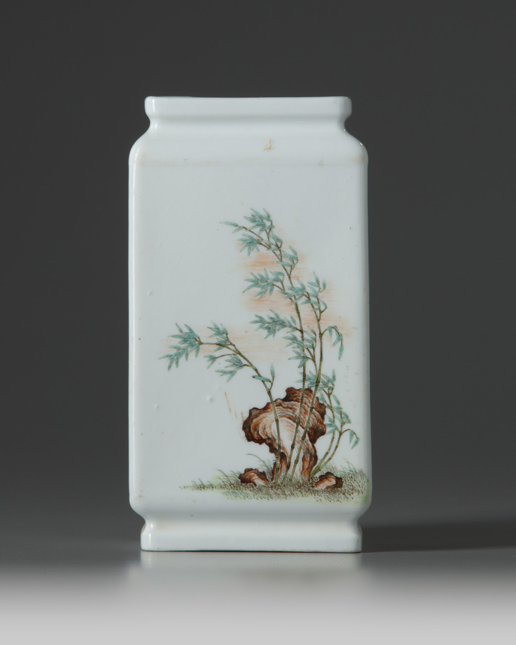 A Chinese famille rose ‘bamboo and orchid’ rectangular-section vase
