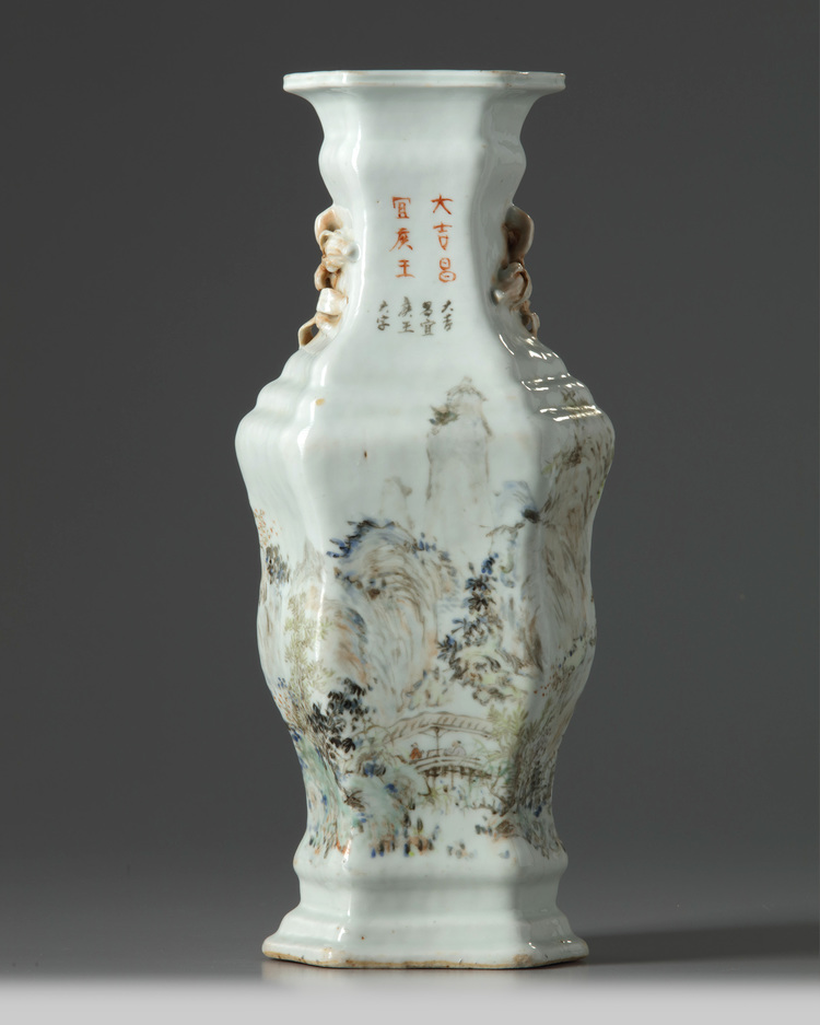 A Chinese Qianjiang-style hexagonal ‘landscape’ vase