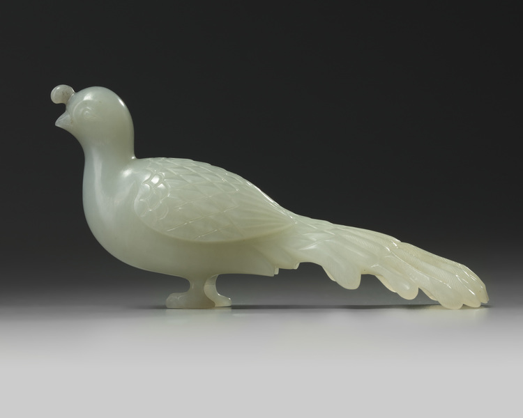 A CHINESE PALE CELADON AND GREY JADE PEACOCK, 19TH CENTURY