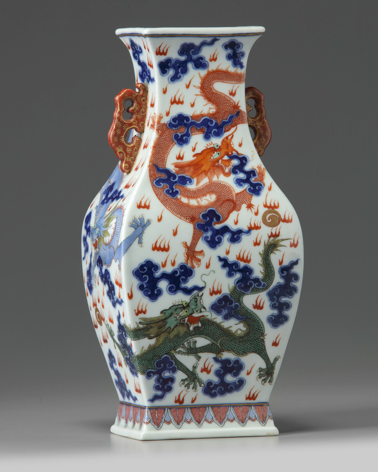 A Chinese famille rose square-section 'five dragon' vase