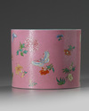 A Chinese pink-ground sgraffiato famille rose 'butterflies and flowers' brush pot, bitong